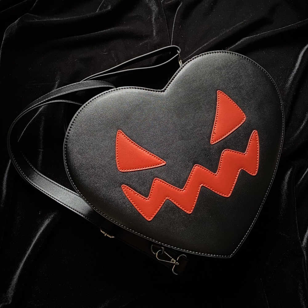 Em & Sprout Black Jack-o-Lantern Heart Crossbody Backpack Halloween Bag
